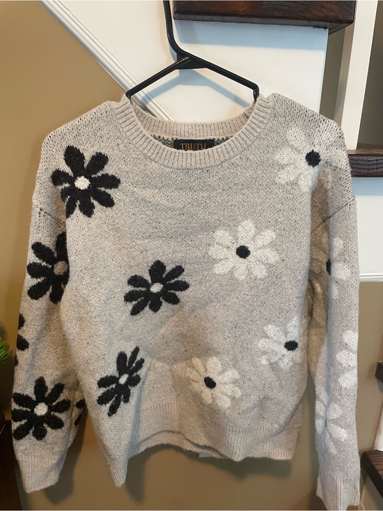 Truth Sweaters - TRUTH Beige Crewneck Sweater with Black and White Floral Motif